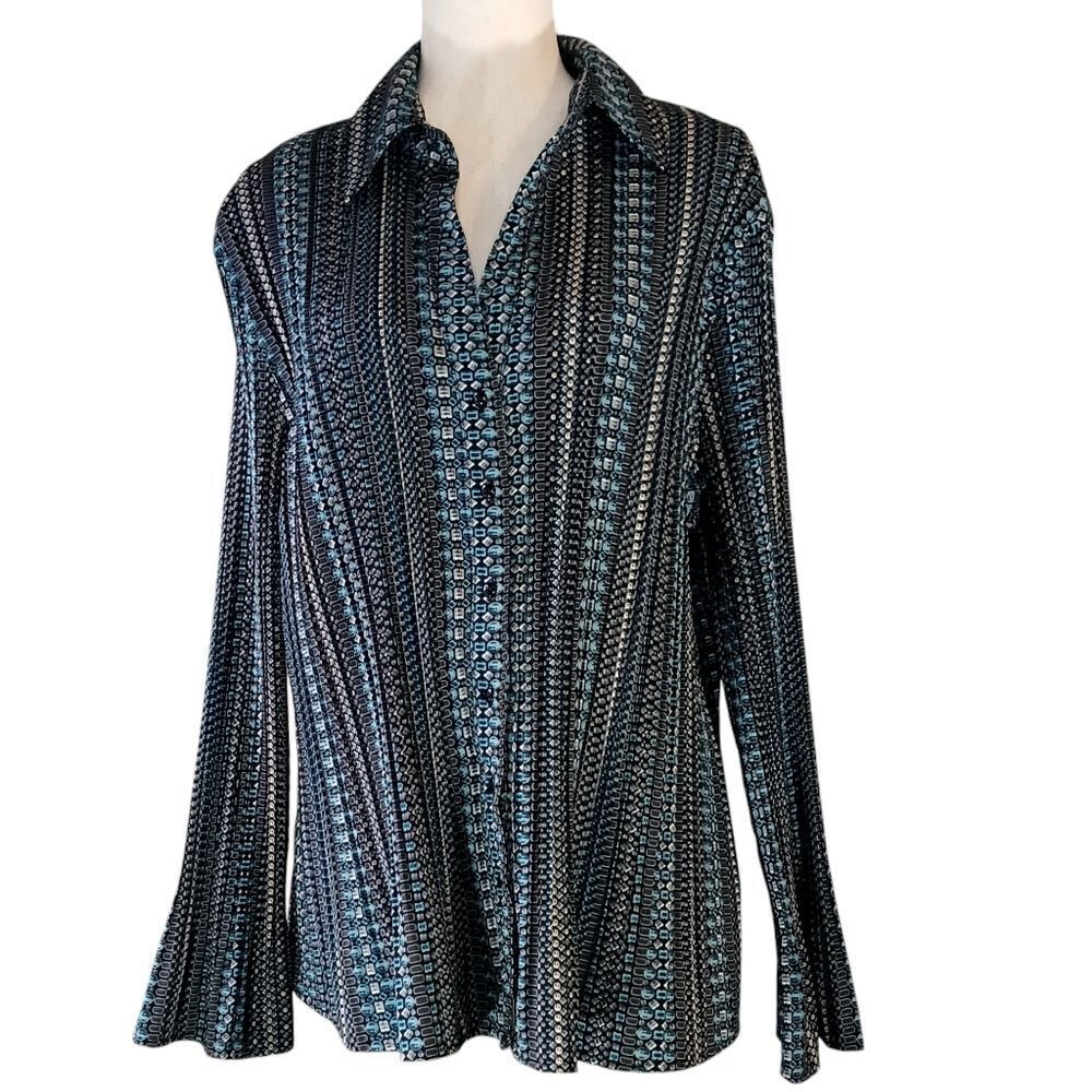 APT. 9 Micro Pleated Button Down Long Bell Sleeves Print Gray Plus Size 2X